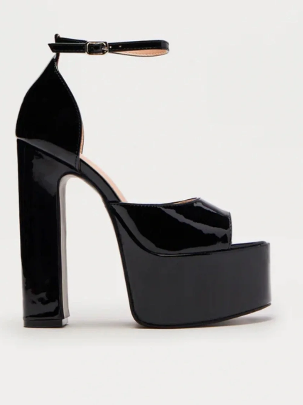 Forever 21 Black Patent Platform Ankle-Strap Chunky High Heels Size 10